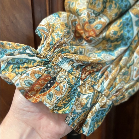 Women's Paisley Puff-Sleeve V-Neck Maxi Dress - Olive/Tan - Picture 15 of 15